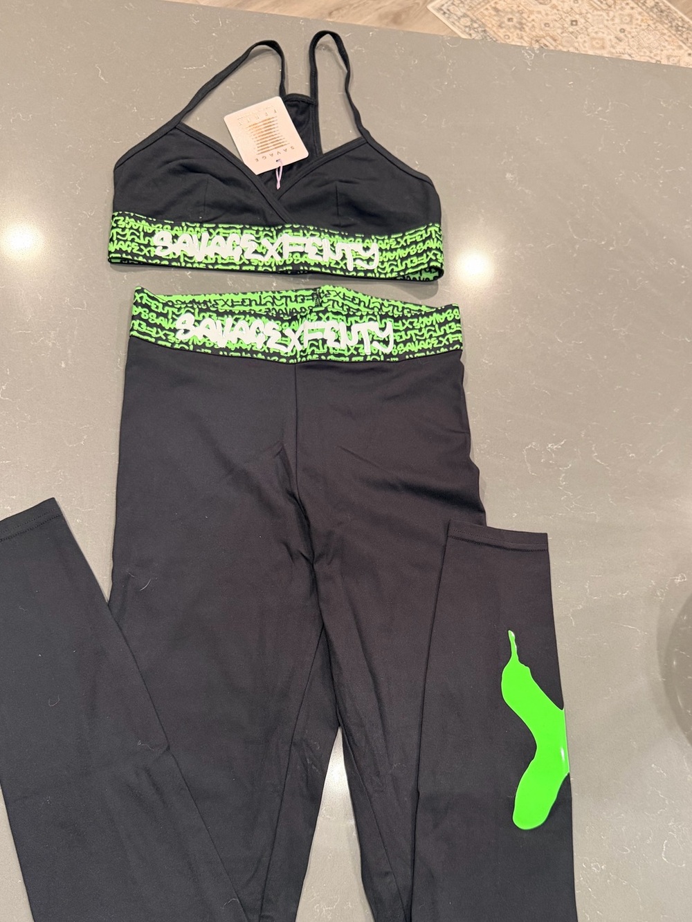 Savage X Fenty Black & Neon Green Leggings and Sports Bra Set